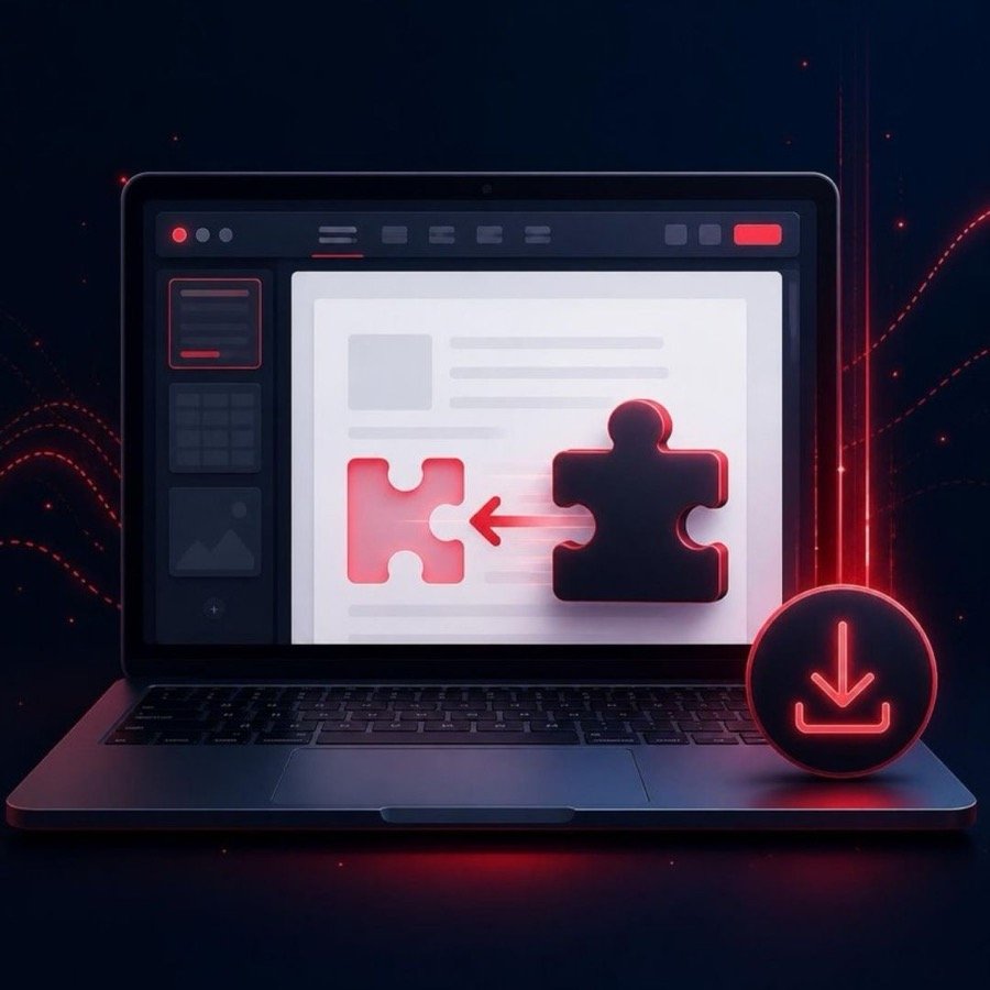 Ilustração de complemento sendo instalado em um editor de texto no notebook