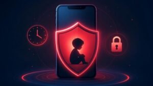 Celular com escudo de controle parental, relógio e cadeado para proteger crianças