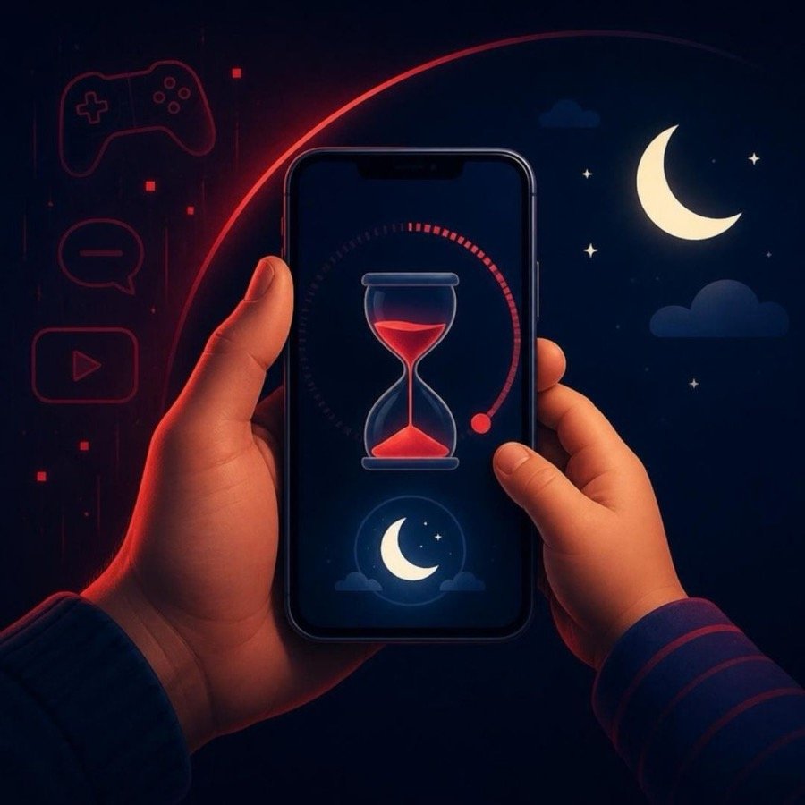 Ilustração de mãos de criança segurando celular com ampulheta de tempo de tela e lua de hora de dormir