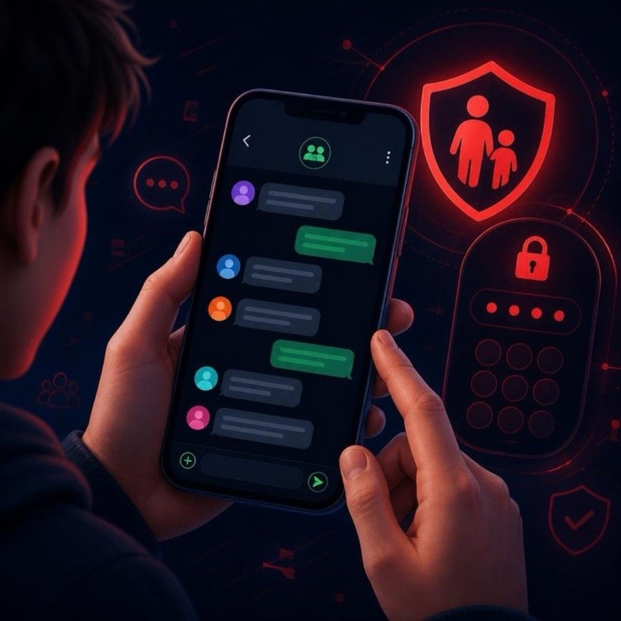 Ilustração de adolescente usando app de mensagens com escudo de controle parental e PIN