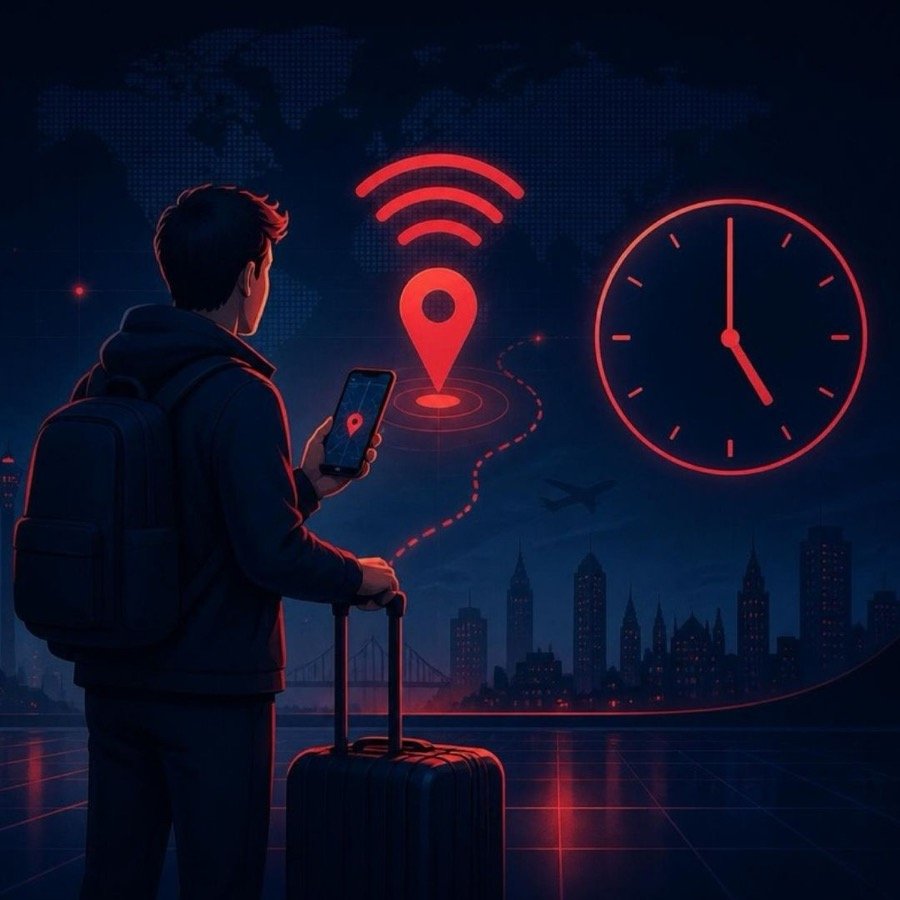 Ilustração de viajante com celular e localização ativada para justificar a ausência