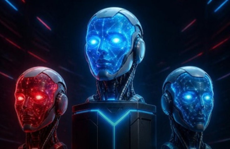 Ilustração de três modelos de IA competindo em um placar, comparando Gemini 4, GPT-6 e Claude