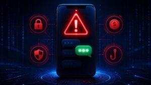 Celular com alerta vermelho de golpe no WhatsApp e ícones de cadeado e escudo, em fundo azul-escuro
