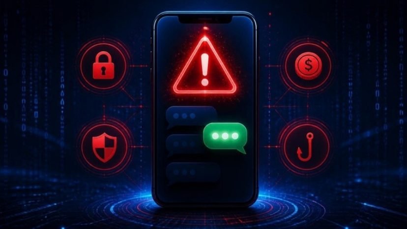 Celular com alerta vermelho de golpe no WhatsApp e ícones de cadeado e escudo, em fundo azul-escuro