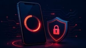iPhone com barra de atualização do iOS 27 e escudo de segurança