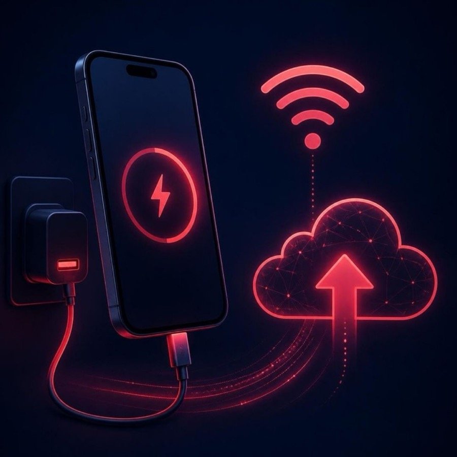 Ilustração de iPhone na tomada com Wi-Fi e backup na nuvem antes de atualizar