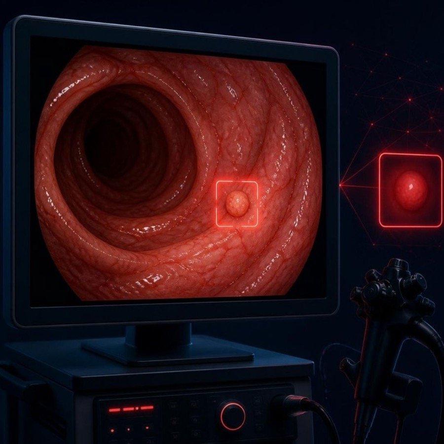 Ilustração de monitor de colonoscopia com IA destacando uma lesão suspeita