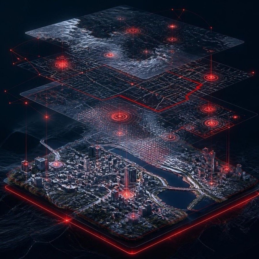 Ilustração de mapa 3D de cidade com camadas de dados e satélite