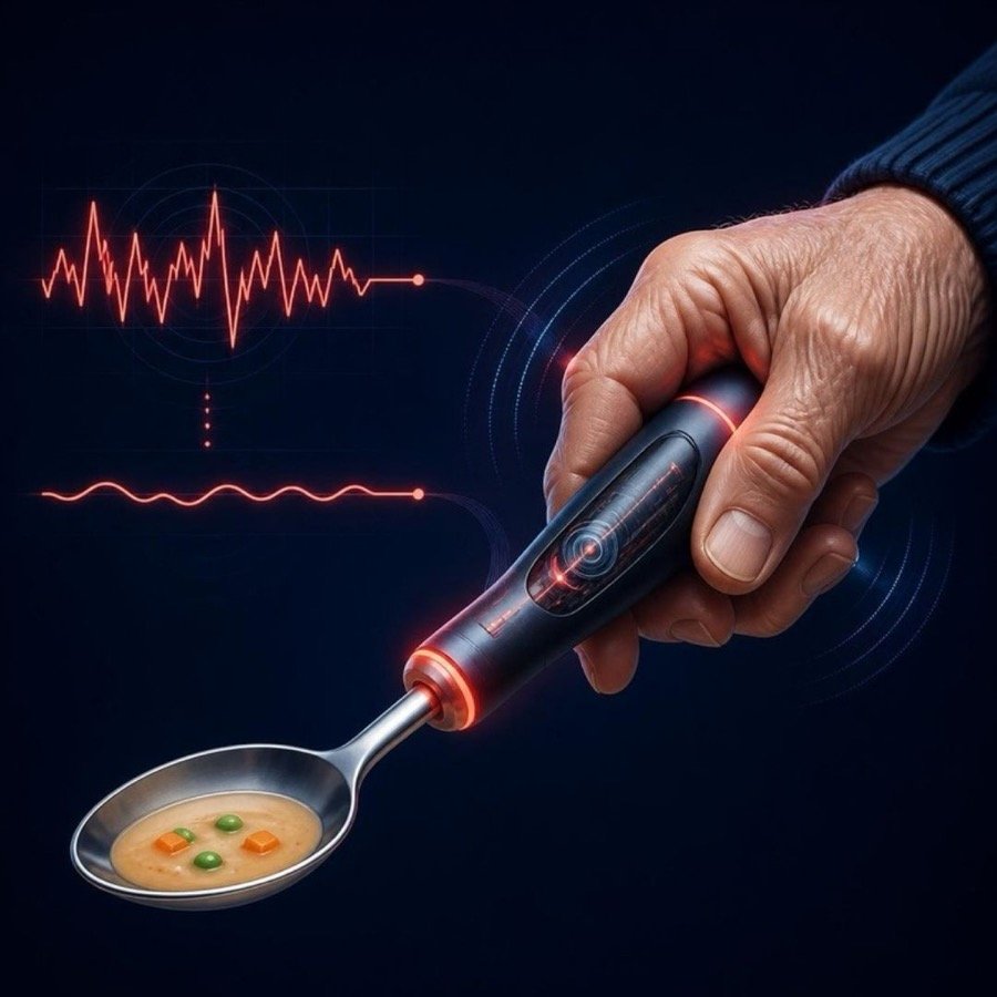 Ilustração de mão segurando colher estabilizadora que reduz o tremor do Parkinson