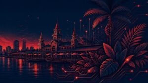 Orla de Belém com circuitos e folhas amazônicas, simbolizando a tecnologia no Pará
