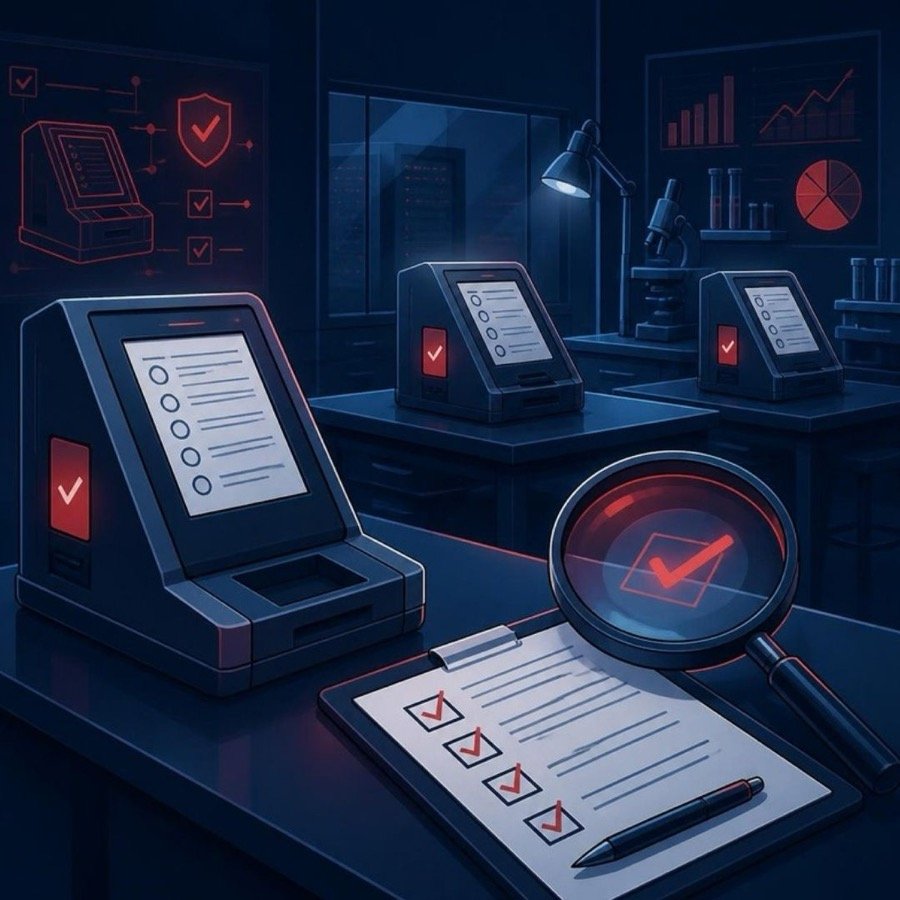 Ilustração do Teste de Integridade com urnas em laboratório e checklist