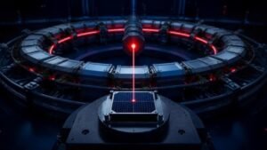Acelerador Sirius: ilustração de anel de síncrotron com feixe de luz atingindo uma célula solar