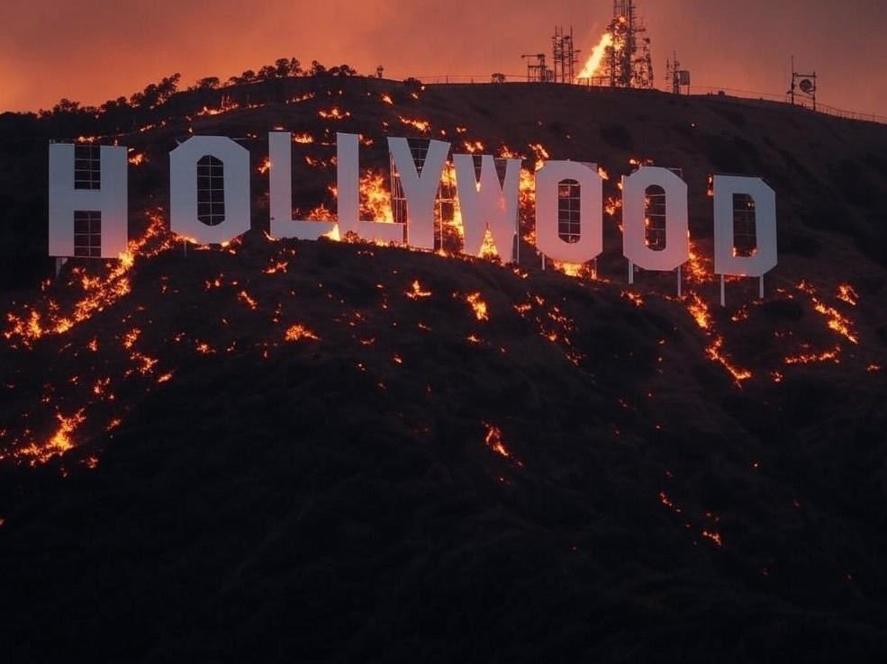 Imagem falsa gerada por IA mostrando o letreiro de Hollywood cercado de fogo