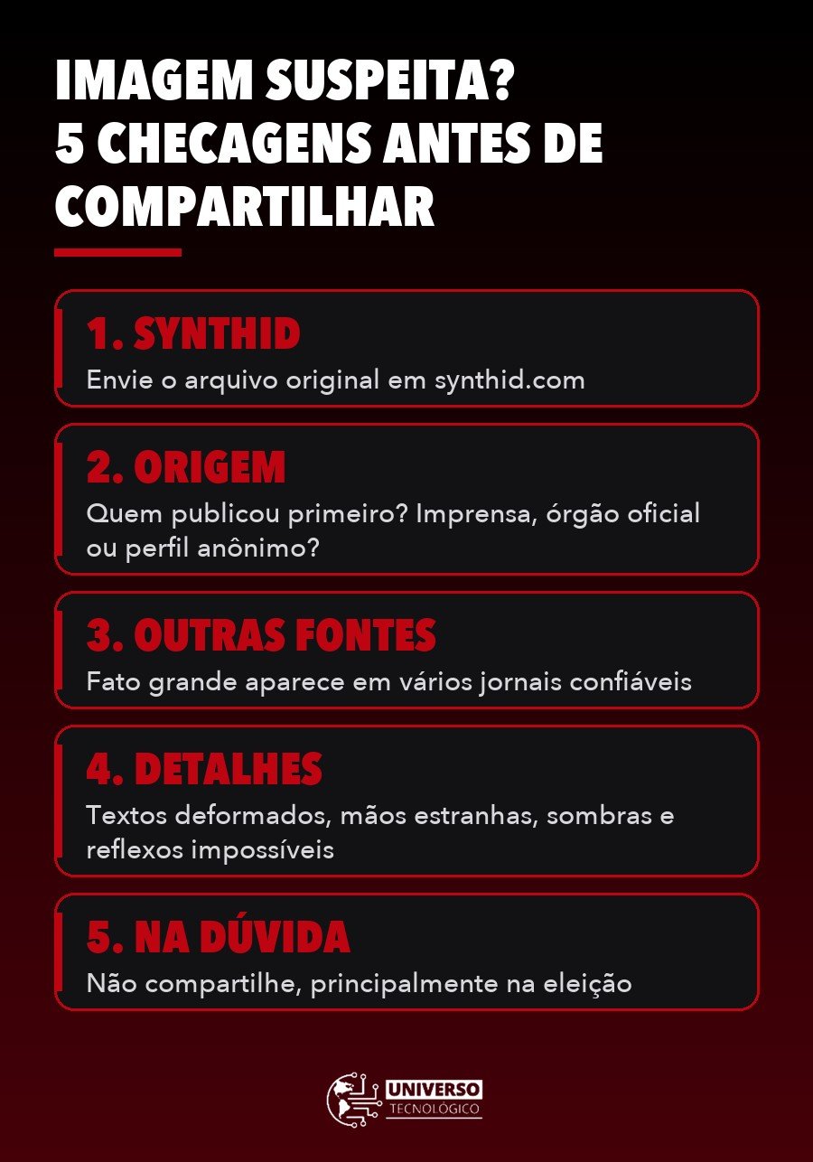 Infográfico com 5 checagens para saber se uma imagem é falsa antes de compartilhar