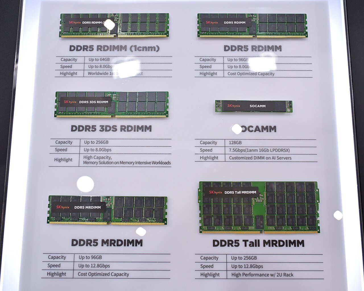 Módulos de memória DDR5 da SK Hynix para servidores expostos em vitrine