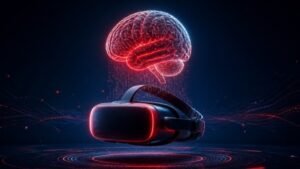 Declínio cognitivo: ilustração de óculos de realidade virtual com um cérebro em linhas de luz