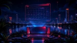 Eventos de tecnologia em Belém: ilustração de cidade amazônica à noite com calendário e palco de palestra