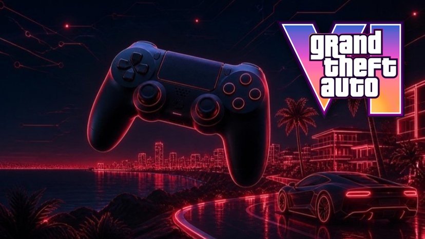 GTA 6: controle de videogame em neon vermelho diante de uma cidade litorânea tropical à noite