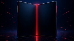 Defeito na tela do iPhone Duo: ilustração de celular dobrável aberto com uma linha de luz na dobra