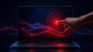 MacBook Pro com tela touch: ilustração de notebook com tela OLED e dedo tocando a tela