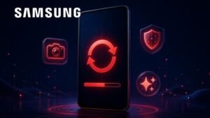 One UI 9: celular Galaxy com ícone de atualização de software na tela
