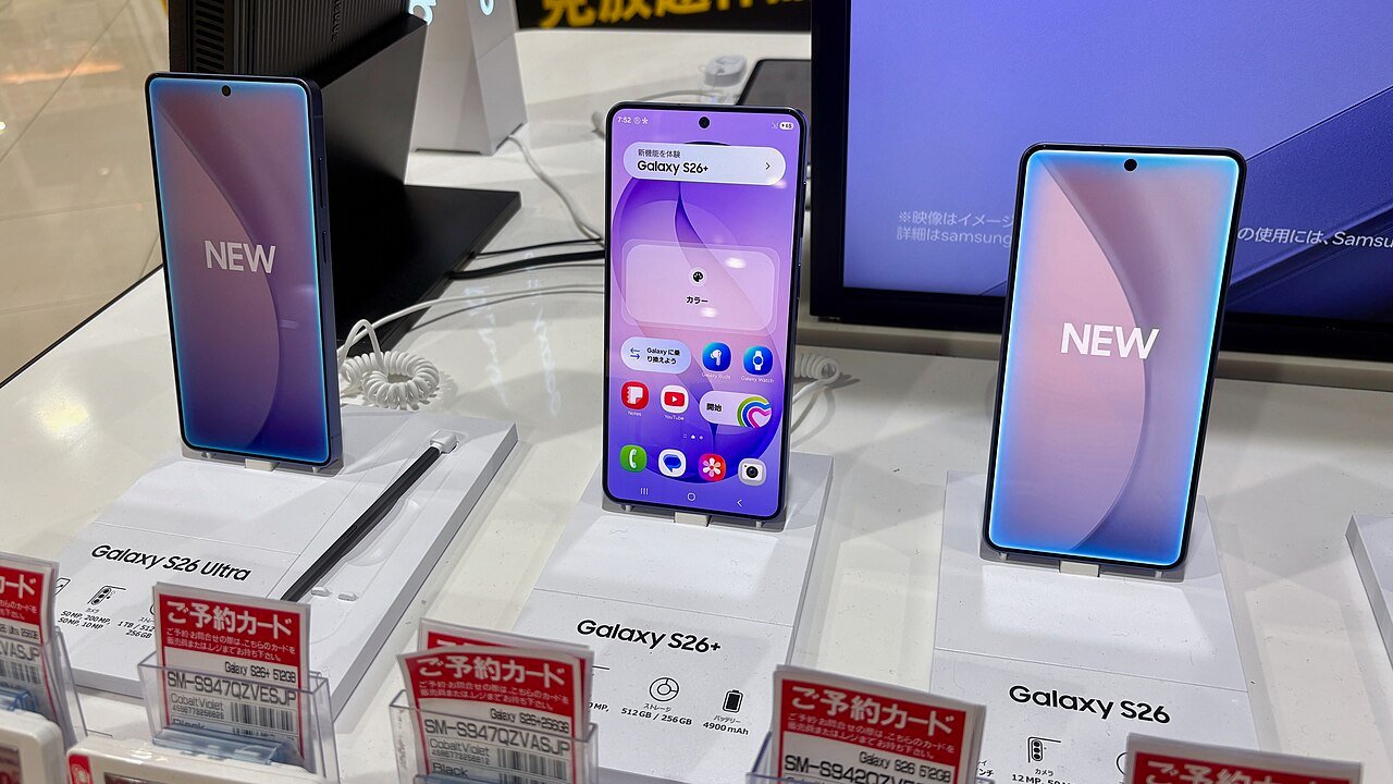 Galaxy S26 Ultra, S26+ e S26 expostos lado a lado em uma loja