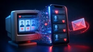 Orkut vai voltar: ilustração de monitor antigo com rede social nostálgica virando celular moderno