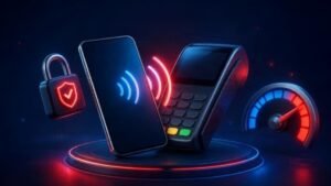 Pix por aproximação: ilustração de celular encostando em maquininha com ondas de aproximação, cadeado e medidor de limite