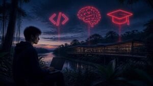 PS UFPA 2027: estudante com notebook e ícones de tecnologia diante de campus universitário