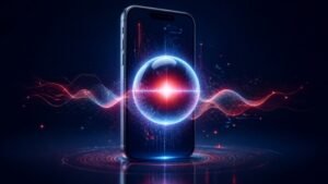 Siri em português no iOS 27.2: ilustração de celular com ondas de voz de um assistente de IA