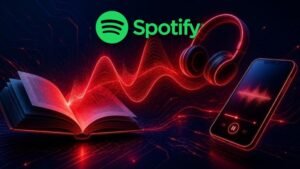 Audiolivros no Spotify: livro aberto com ondas sonoras que viram fones de ouvido e um celular
