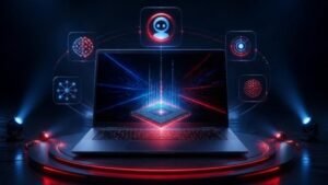 Surface Laptop Ultra: ilustração de notebook num palco de lançamento com chip brilhando e ícones de IA