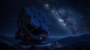 Telescópio Gigante Magalhães: ilustração de telescópio com espelhos gigantes sob céu estrelado