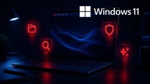 Windows 11 26H2: notebook com área de trabalho e barra de tarefas no topo da tela