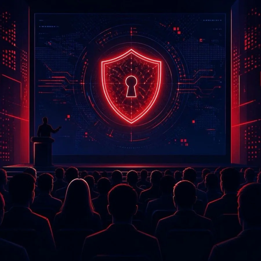 Ilustração de plateia assistindo a palestra de cibersegurança